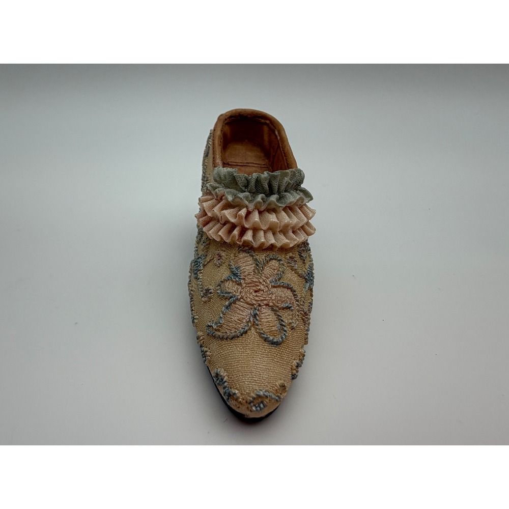 Miniature Decorative Shoe Figurine Floral Embroidery Ruffled Ribbon Peach Tan - Picture 2 of 7